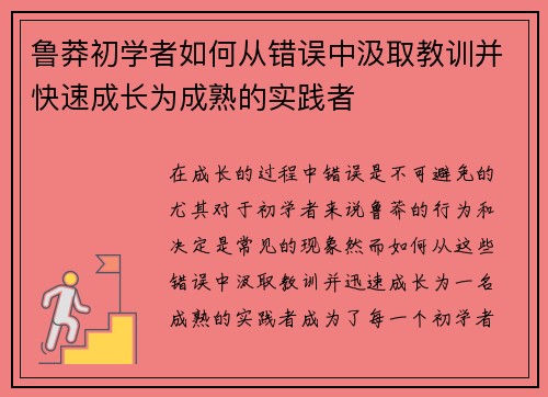 鲁莽初学者如何从错误中汲取教训并快速成长为成熟的实践者